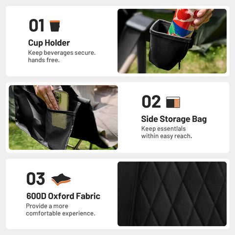 Heavy Duty Folding Hammock Chair With Adjustable Backrest features cup holder, side storage bag, and 600D Oxford fabric