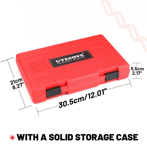 Red plastic storage case for 39 Piece Screw Extractor Set With Left Hand HSS Drill Bits, Multi-Spline Stripped Screw Extractors.