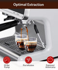 No Cap Best 20 Bar Espresso Machine With Built In Grinder And Stainless Steel Milk Frother For Creamy Cappuccinos Featuring 58 Mm Commercial Style Portafilter And Two Liter Reservoir For Home Office Brewing showing espresso extraction in twin cups.