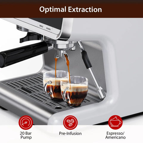 No Cap Best 20 Bar Espresso Machine With Built In Grinder And Stainless Steel Milk Frother For Creamy Cappuccinos Featuring 58 Mm Commercial Style Portafilter And Two Liter Reservoir For Home Office Brewing showing espresso extraction in twin cups.