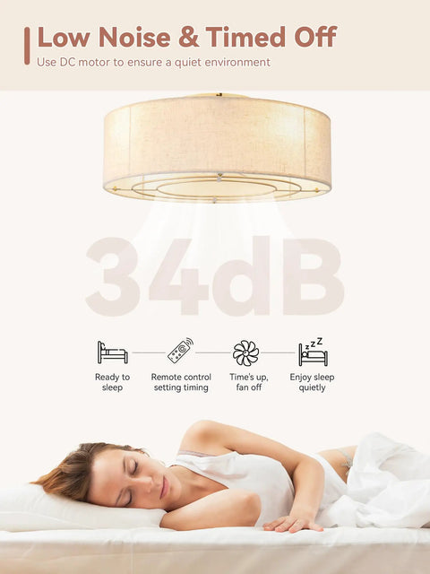 Low Profile Ceiling Fan With Light 20 Inch Boho Rattan Flush Mount Drum Cage 6 Speeds With Remote Control above a sleeping woman.