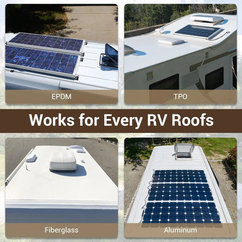 Various RV roofs with solar panels showing EPDM, TPO, fiberglass, and aluminum materials for RV Roof Coating White 1 Quart Waterproof Sealant For Camper Motorhome And Trailer Roofs Solar Reflective Leak Proof Keeps Interior Dry Durable Flexible Formula For Long Lasting Water Tight Seal And Solar Reflection To Protect Your Vehicle.