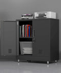 Sturdy Metal Storage Cabinet With Locking Doors And Adjustable Shelves Perfect Lockable Sideboard For Your Home Office Hallway Entryway Living And Dining In Black, shown open with books and printer on top.