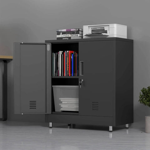 Sturdy Metal Storage Cabinet With Locking Doors And Adjustable Shelves Perfect Lockable Sideboard For Your Home Office Hallway Entryway Living And Dining In Black, shown open with books and printer on top.