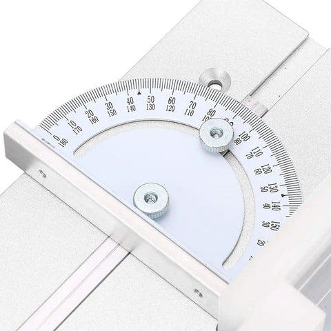 Built Tough Aluminum Router Table Insert Plate With Alignment Rings For DIY Woodworking Benches showing etched ruler marks and adjustment knobs.