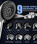 Close-up of 11.8 Inch High Pressure Rain Shower Head Combo With 9 Spray Handheld And Magnetic Dock Dual Showerheads showing spray modes.