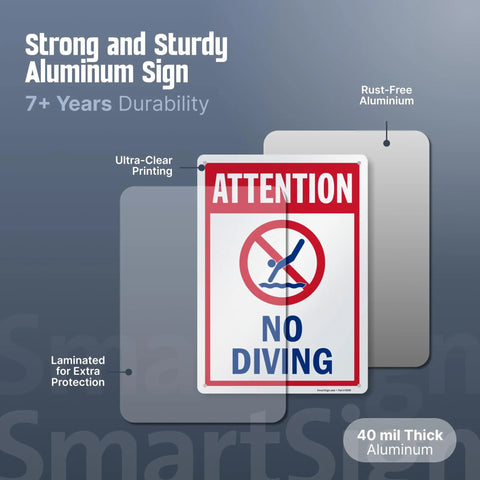 Attention No Diving Pool Sign 14 By 10 Inches Outdoor Aluminum With 40 Mil Lamination Rustproof Red Blue And White Made In USA