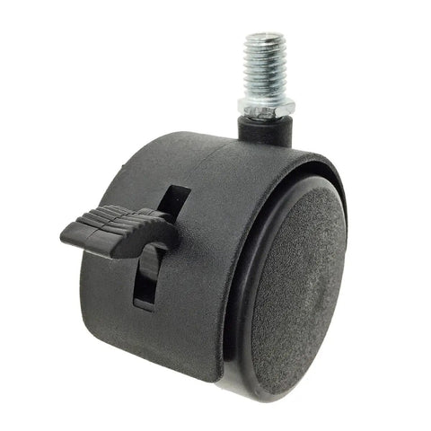 Top Shelf Swivel Caster Wheels Featuring Slick Nylon Twin Tires And Reliable Foot Brakes For Smooth Furniture Glides And Zero Drama Office Chair Upgrades Black Set Of Five, close-up of black caster with foot brake.