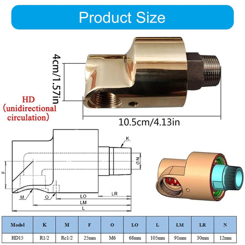 1/2 Inch Rotating Joint, 360 Degree Rotary Union For Water, Air And Oil, Brass Heavy Duty Threaded Connectors Built For High Speed Cooling And Easy Maintenance In Industrial Machinery product size diagram