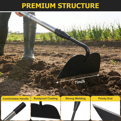 Heavy Duty Garden Weed Hoe With Stainless Steel Long Handle in use on soil, showing 7 inch wide welded blade, 63 inch tool length