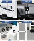 Collage of Go-To 15 Amp RV Shore Power Inlet Socket installed on RV, pickup truck, boat, and garden shed.
