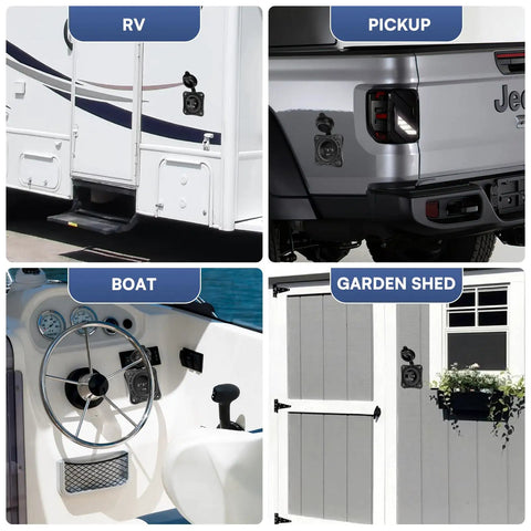 Collage of Go-To 15 Amp RV Shore Power Inlet Socket installed on RV, pickup truck, boat, and garden shed.