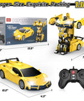Dope Transform RC Car for Kids 3 to 8, 2.4GHz Remote showing yellow race car and robot modes, 1:16 scale, flashing headlights.