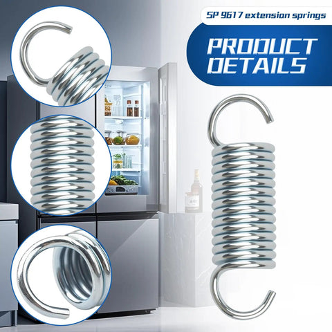 Close-up of Six Pack 9617 Extension Springs with Hook Ends Go-To 2.64 In Long, 0.75 In Outer Diameter near open refrigerator.