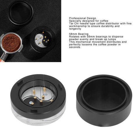 Heavy Duty 58 Millimeter Espresso Distribution Tool With Smooth Bearing Rotation Stainless Steel Needle Coffee Leveler, top view with needle ring.