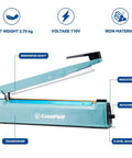 Heavy Duty 12 Inch Bag Sealer With 2mm Seal Width Iron Impulse Heat Sealer for Shrink Wrap showing features and parts