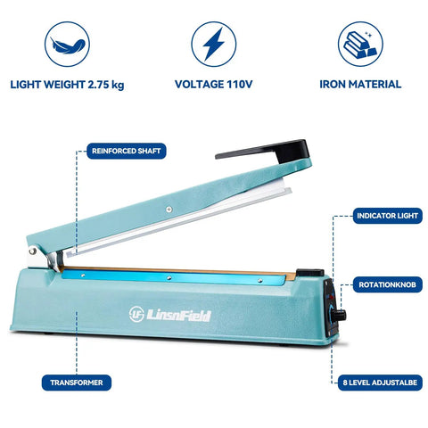 Heavy Duty 12 Inch Bag Sealer With 2mm Seal Width Iron Impulse Heat Sealer for Shrink Wrap showing features and parts