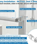 Top Shelf 30 Inch Bright Chrome Glass Shower Door Towel Bar With Sleek Silver Clear Brackets And Easy Peasy Handle Replacement, showing installation features.