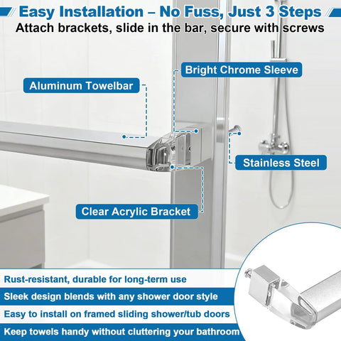 Top Shelf 30 Inch Bright Chrome Glass Shower Door Towel Bar With Sleek Silver Clear Brackets And Easy Peasy Handle Replacement, showing installation features.