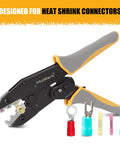 Heavy Duty Ratcheting Wire Crimper For Awg Heat Shrink Connectors showing ergonomic handles and crimping jaws with connectors.