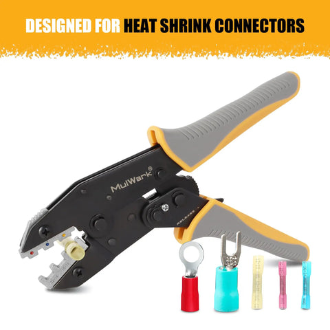 Heavy Duty Ratcheting Wire Crimper For Awg Heat Shrink Connectors showing ergonomic handles and crimping jaws with connectors.