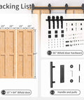 60x84 Bi Fold Barn Door Set With 66 Inch Hardware Kit For Four Doors No Assembly Easy Install Solid Spruce Wood Folding Doors Barn Door Hardware And Double Sided Handle Pulls Included - packing list image showing doors, hardware, and handle.