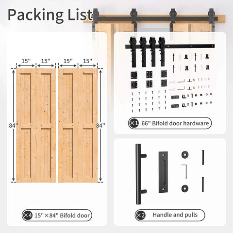 60x84 Bi Fold Barn Door Set With 66 Inch Hardware Kit For Four Doors No Assembly Easy Install Solid Spruce Wood Folding Doors Barn Door Hardware And Double Sided Handle Pulls Included - packing list image showing doors, hardware, and handle.