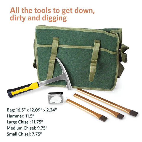 Geology Tools Kit With Musette Bag For Prospectors Includes Rock Pick Hammer Chisels Magnifying Glass And Durable Canvas Tool Bag