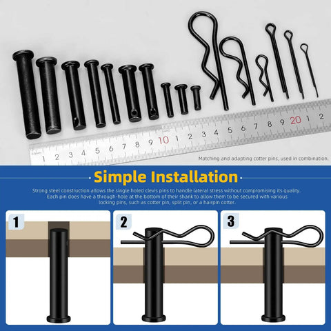 Clevis Pins Set With Cotter Pins And R Clips In 16 Sizes, Black Finish, Heavy Duty Hardware Kit For Mechanical Linkages, Must Have For Projects