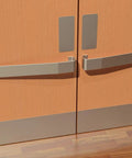 Peel And Stick Door Kick Plate Wall Scuff Guard Scratch Resistant Self Adhesive Backing on double doors with stainless steel finish