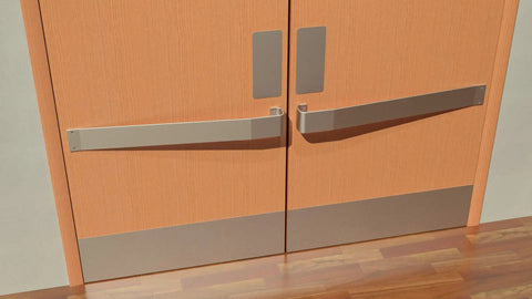 Peel And Stick Door Kick Plate Wall Scuff Guard Scratch Resistant Self Adhesive Backing on double doors with stainless steel finish