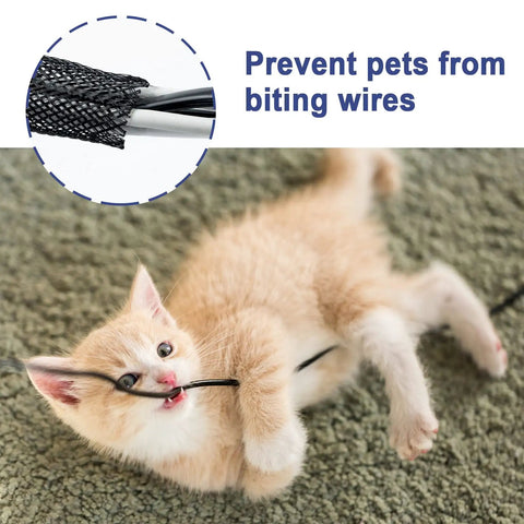 Kitten biting wire with 50ft Expandable Braided Cable Sleeve For 1/2 Inch And 1/4 Inch Wires Flexible Braided Wire Sleeving