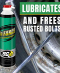 Can of Ion Activated Penetrating Oil For Heavy Rust And Stuck Parts With Foaming Action In Force PN 438 next to rusty car wheel.