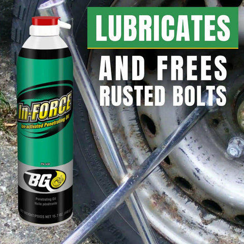Can of Ion Activated Penetrating Oil For Heavy Rust And Stuck Parts With Foaming Action In Force PN 438 next to rusty car wheel.