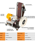 Close-up of Badass Mini Belt Sander Bench Grinder with copper motor, abrasive belt for knife sharpening and metal fabrication.