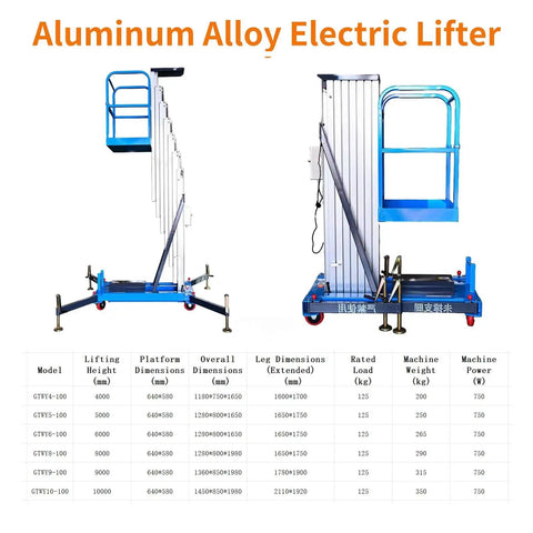 26 Foot Electric Aerial Work Platform And Aluminum Alloy Lift Table Featuring Smooth Hydraulic Drive, shown with dimensions.