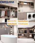 Heavy Duty Adjustable Closet Rod Brackets Two Pack Wall Mounted White Shelf Support shown in wardrobe and laundry room settings.