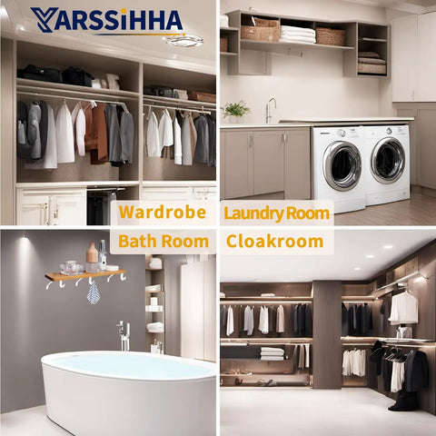 Heavy Duty Adjustable Closet Rod Brackets Two Pack Wall Mounted White Shelf Support shown in wardrobe and laundry room settings.