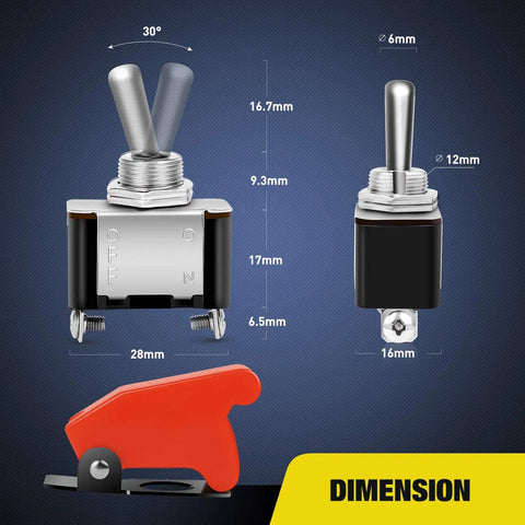 Dimensions of Heavy Duty Rocker Toggle Switch 12V 20A SPST On Off with red aircraft style safety cover and 12mm mount