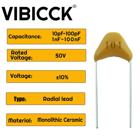 Monolithic Ceramic Capacitor Assortment Kit With Ten Values And 300 Pieces, 104 marking, 50V rating, radial lead, 5.08mm pitch