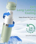 Portable Breast Milk Cooler With 24 Hour 360 Chill Technology 22 Oz No Ice Pack Nursing Bottle showing cooling mechanism and cap.
