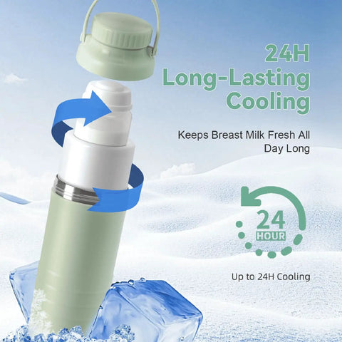 Portable Breast Milk Cooler With 24 Hour 360 Chill Technology 22 Oz No Ice Pack Nursing Bottle showing cooling mechanism and cap.