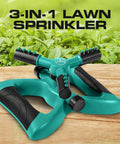 Rotating Garden Sprinkler With 3 Adjustable Arms Stable Weighted Base 360 Degree Coverage Expandable Connection For Lawn And Yard Watering Durable ABS Plastic Sprinkler on wooden surface