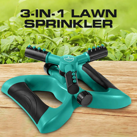 Rotating Garden Sprinkler With 3 Adjustable Arms Stable Weighted Base 360 Degree Coverage Expandable Connection For Lawn And Yard Watering Durable ABS Plastic Sprinkler on wooden surface