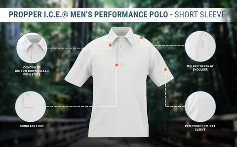 Men Short Sleeve Ice Duty Uniform Polo Shirt With Moisture Wicking Quick Dry Fabric And Concealed Button Down Collar featuring mic clip slots and pen pocket.
