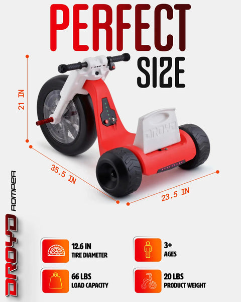 Romper Electric Tricycle For Kids 3 Plus Years, 24V Ride On Toy With 3-6 MPH Speed, shown in red with size dimensions.