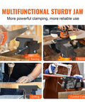 VEVOR bench vise, 6-inch jaws, 360° swivel base; collage shows sawing, sanding, drilling, conduit cutting.