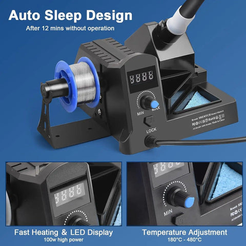 All In One 100W Soldering Station Kit With Digital Display and Hot Air Rework, showing LED screen and auto sleep feature.
