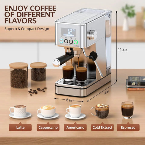 Premium Espresso Maker With Solid 20 Bar Pump And Quick Milk Frother For Silky Lattes Or Cold Brew Featuring Compact Stainless Steel Housing, brewing espresso and coffee drinks.