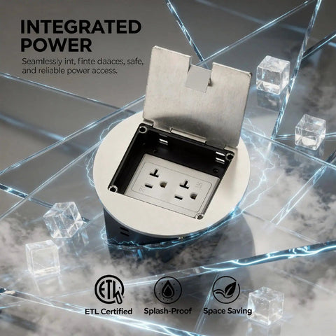 Top Shelf 20 Amp Recessed Floor Outlet With Beefy Stainless Steel Splash Proof Cover and Six Hole Hidden Electrical Box seen open in a modern setting.